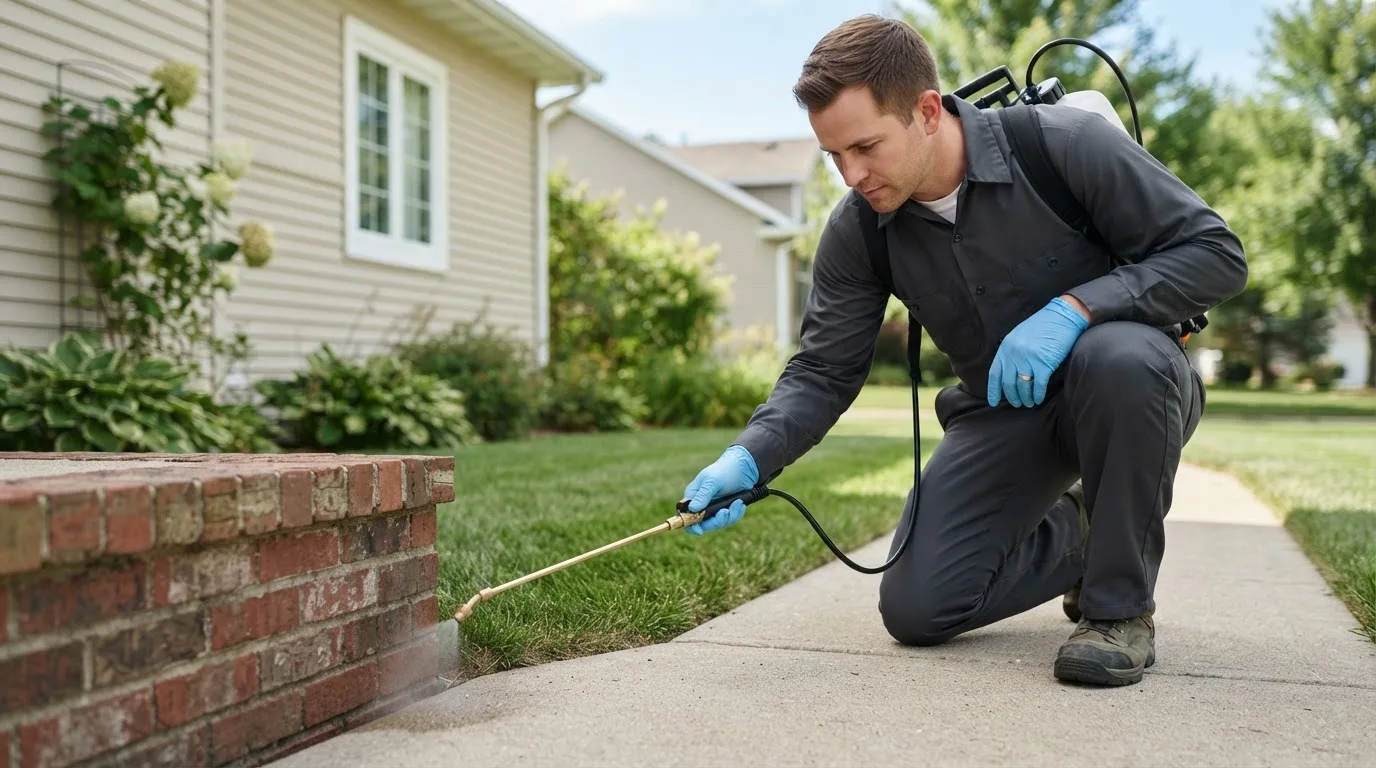 Pest control technician treating a home near Jamestown, RI