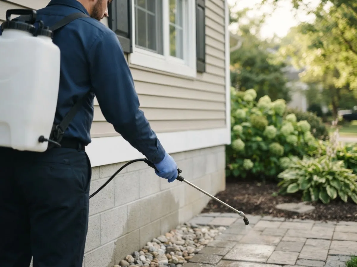 Pest control technician inspecting a home in Jamestown, RI